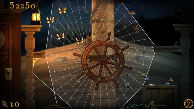 Screenshot di una ragnatela che avvolge completamente il timone di una nave, e alcune farfalle.