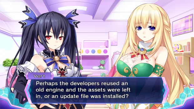 Scena di dialogo classica da visual novel più che da JRPG, coi personaggi belli grandi: "Perhaps the developers reused an old engine and the assets were left in, or an update file was installed?"