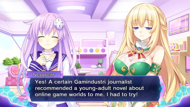 Nepgear dice "Yes! A certain Gamindustri journalist recommended a young-adult novel about online game worlds to me. I had to try!"