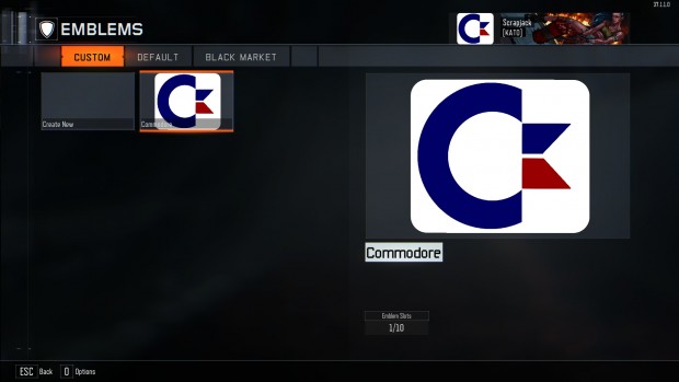 L'editor di emblemi: sfondo nerissimo e interfaccia minimale. Qui abbiamo creato il logo Commodore.