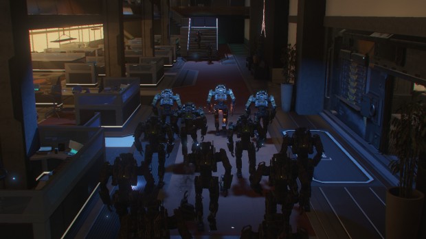 Hangar con robot armati.